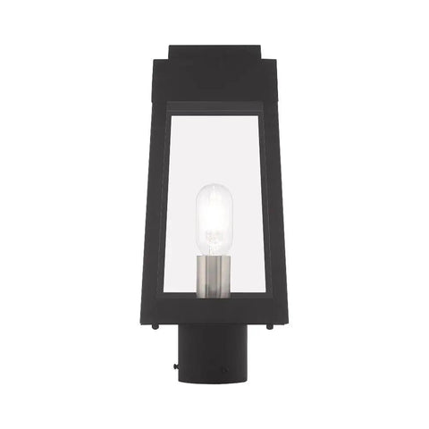 Oslo One Light Outdoor Post Top Lantern in black finish with clear glass, solid brass construction, weather resistant lighting