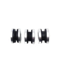 Rock Solid Replacement Exhaust Hanger Bushing Suspension Cushion Kit For KTM SXF XCF RC4 Dirt Bikes 2018 To 2023 250 350 450 Models That Crush Vibration And Smoothes Out Ride Quality Like A Champ., three black and silver exhaust bushings