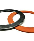 3-1/2-inch gasket set: orange silicone rubber gasket and gray graphite gasket, front view.