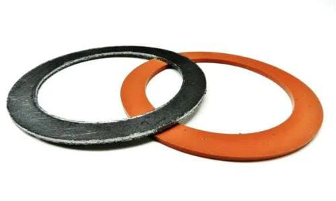 3-1/2-inch gasket set: orange silicone rubber gasket and gray graphite gasket, front view.