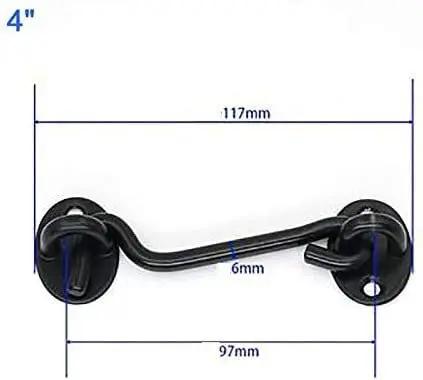 2 Pack Swivel Hook Gate Latch Stainless Steel Barn Shed Cabinet Door Holder, showing a 4-inch black latch design with dimensions.