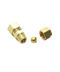 Front view of three brass compression fittings for 1/4 in tube OD x 1/4 in OD union connector (male adapter, nut, ferrule)