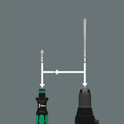 Kraftform Bitholding Screwdriver With Rapidaptor showing bit swap with 6 long bits and 3.5 inch bit pouch for quick bit changes.