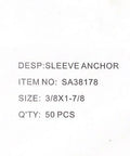 Text showing details of a Dynabolt Sleeve Anchor 3/8 Inch Diameter With 1-7/8 Inch Embedment, item number SA38178, quantity 50 pieces.