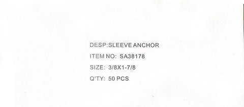 Text showing details of a Dynabolt Sleeve Anchor 3/8 Inch Diameter With 1-7/8 Inch Embedment, item number SA38178, quantity 50 pieces.