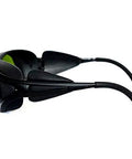 Side view of Top Shelf Heavy Duty Laser Safety Glasses With Wide Spectrum Filtering For UV And Infrared Light, beefy PC wraparound design.