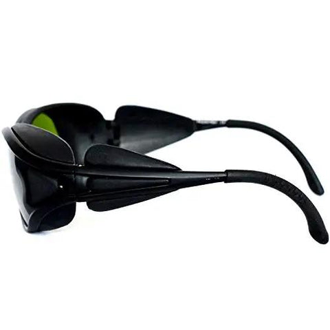 Side view of Top Shelf Heavy Duty Laser Safety Glasses With Wide Spectrum Filtering For UV And Infrared Light, beefy PC wraparound design.