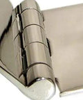 Close-up of Stainless Steel Parliament Door Hinge 4x4x6 Inch Wide Throw Expandable Swing Clear Reversible Satin Finish