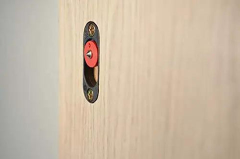 Close-up of 90 Degree Panel Connector Button Fix Type 1 with installed flush bracket on wood panel for quick assembly.