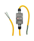 Heavy Duty 30 Amp 240 Volt Portable GFCI Receptacle With 100 Foot Cord And Raw Flying Leads, compact design with yellow cord.