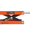 Side view of Heavy Duty Motorcycle Lift With Wide Deck and 1100 Lbs Capacity, Scissor Jack With Safety Pin, Adjustable Height