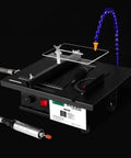 Game Changing All In One Gemstone Jade Cutter Carver And Polisher Bench Grinder For Serious Rockhounds Seeking A Flawless Pro Finish On Hard Stones And Raw Minerals, featuring a detailed setup with a measurement guide.