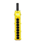 Industrial Grade Eight Button Pendant Station For Heavy Machinery With True Three Speed Handling And Top Shelf Job Site Durability Series Eighty front view, yellow housing, eight push buttons.