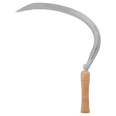2 Pack 14 Inch Curved Serrated Scythe K110 with carbon steel blade and wooden handle for weeding and landscape work