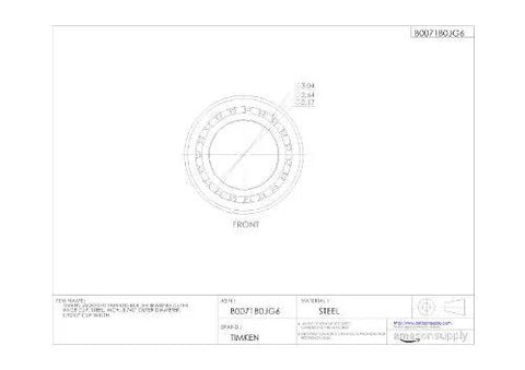 Technical drawing of Outer Race Cup for Tapered Roller Bearing in steel, 3.74in OD, 0.9252in cup width, single outer ring.