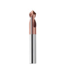 Carbide spot drill bit with copper-colored tip and chrome shank, front view