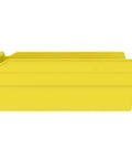 Side view of a yellow heavy duty plastic shelf bin for garage closet and drawer organization 12-inch by 11-inch by 4-inch, 12-pack.