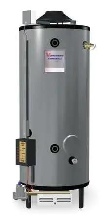 Top Tier 65 Gallon Commercial Gas Water Heater Kicks Out Serious Hot Water For Your Daily Business Hustle With Fast Recovery And Rock Solid Natural Gas Efficiency, shown in silver metal with external controls.