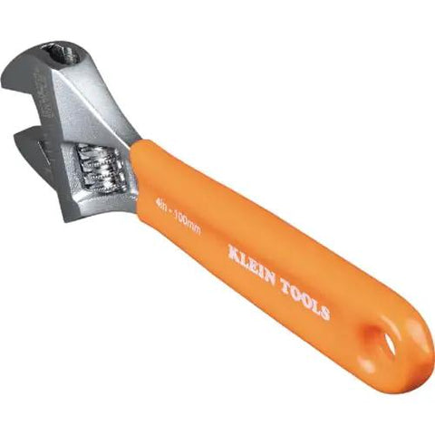 Extra Capacity Jaw 4 Inch Adjustable Wrench For Tight Spaces With Forged Heat Treated Alloy Steel SAE And Metric Scales Smooth Turning Knurl Dope Grip For Easy Single Hand Operation Plastic Dipped Handle Laser Markings Klein Tools O5064