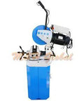 Built Like A Tank 13 Inch Cold Cut Saw Swivel Base Circular Metalsaw 220V 3 Phase 1.5HP Motor Auto Retracting Guard Quick Release Vise with blue and white design.