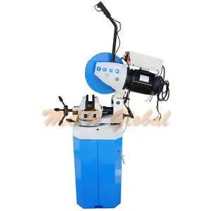 Built Like A Tank 13 Inch Cold Cut Saw Swivel Base Circular Metalsaw 220V 3 Phase 1.5HP Motor Auto Retracting Guard Quick Release Vise with blue and white design.