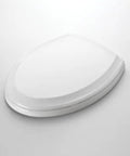 Heavy Duty Cotton Upholstered Toilet Seat Replacement Featuring Twin Hinge Slow Close Mechanism With Wide Elongated Base shown on a white background.