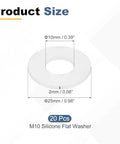 Silicone Flat Washers M10 Size, 20 Pcs, shown with dimensions 10mm ID, 25mm OD, 2mm thick, white, heat resistant, use for plumbing, faucets.