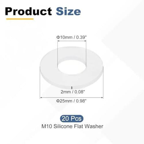 Silicone Flat Washers M10 Size, 20 Pcs, shown with dimensions 10mm ID, 25mm OD, 2mm thick, white, heat resistant, use for plumbing, faucets.