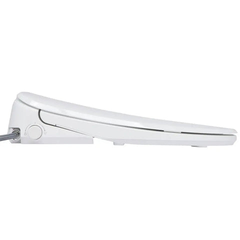Top Shelf Elongated Bidet Toilet Seat In Crisp White With An Ultra Low Profile Setup and controls for warm water.