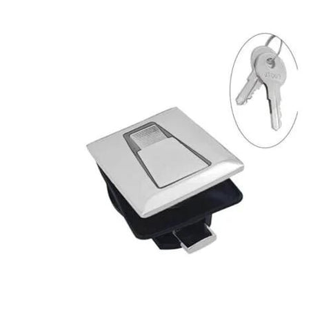 Front view: 316 stainless steel boat deck square locker latch with key; marine grade, corrosion resistant