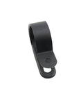 Close-up of a single R-type black nylon cable clip from 100 Pack 3/4 Inch Nylon Cable Clips R Type Kit Black Wire Clamps Fasteners