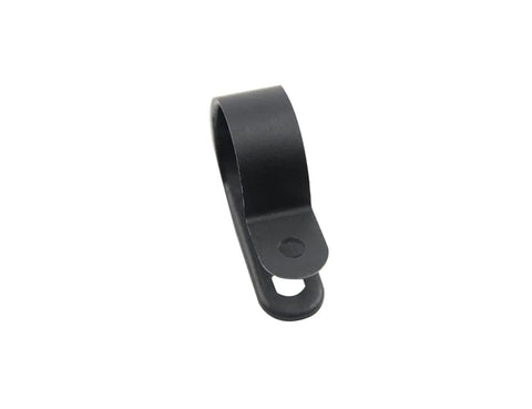 Close-up of a single R-type black nylon cable clip from 100 Pack 3/4 Inch Nylon Cable Clips R Type Kit Black Wire Clamps Fasteners