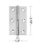Front view of stainless steel door hinge, 2.15 x 1.3 in