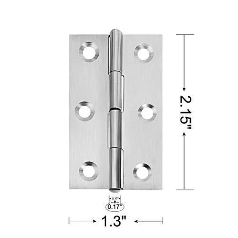 Front view of stainless steel door hinge, 2.15 x 1.3 in