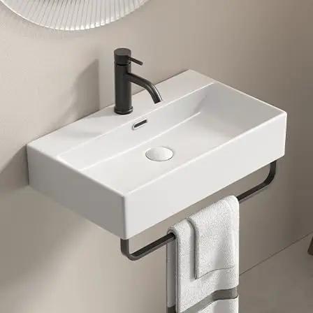 HAOCHRYSYPH Ceramic Wall Mount Sink with Towel Rack, Milk White, 23.63 in. rectangular sink with towel bar and faucet.