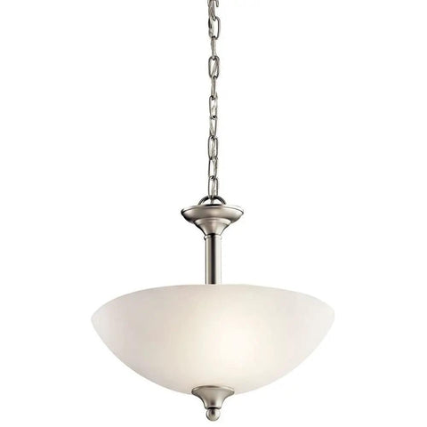 15 Inch Two Light Convertible Inverted Pendant And Semi Flush Light With Satin Etched Glass In Brushed Nickel Finish.