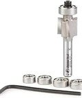Pro Grade Binding Rabbeting Router Bit Set 15mm Diameter Eleven And A Half Millimeter Cutting Height Quarter Inch Shank Three Flute Carbide Tipped With Ball Bearing Guide Luthier Friendly Includes Five Bearings For Five Rabbet Sizes displayed with bearings and wrench.