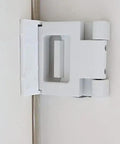 White out-swing door lock for home security, kidproof and tamper-resistant latch with quick tool-free install, 3M tape or screws.