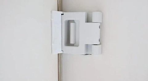 White out-swing door lock for home security, kidproof and tamper-resistant latch with quick tool-free install, 3M tape or screws.