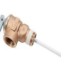 Side view of Reliance water heater temperature and pressure relief valve with brass body, lever, and white discharge tube.