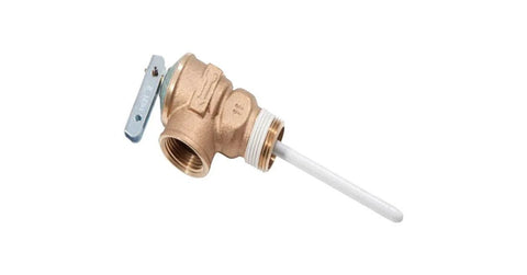 Side view of Reliance water heater temperature and pressure relief valve with brass body, lever, and white discharge tube.