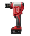 Beefed-Up 10 Ton Knockout Tool Kit For Conduit Half Inch To Two Inch, Forcelogic Powered side view of the tool showing battery