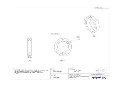 Technical drawing of a heavy duty clamping collar for shafts, 1-1/2 inch bore, black oxide mild steel, with 1/4-28 clamp screw.