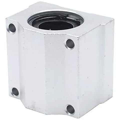 Rugged And Reliable Heavy Duty Smooth Glide Linear Motion Ball Bearing Slide Block Bushing For SCS20UU Linear Shaft CNC And 3D Printer Mods In Clean Silver, close-up view.
