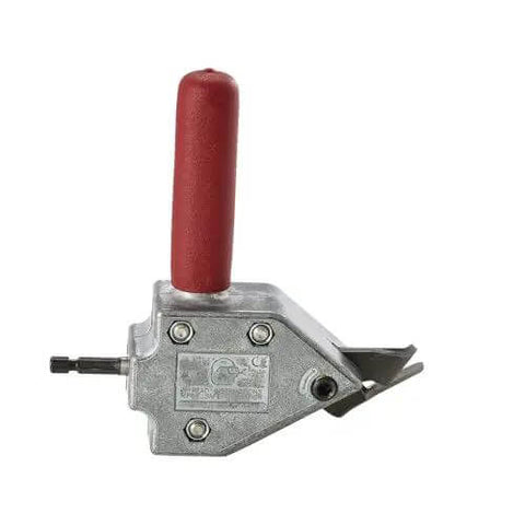 Turbo Sheet Metal Shear Attachment For Drills, 20 Gauge Capacity, lightweight aluminum head, side view with red handle and quick chuck insertion