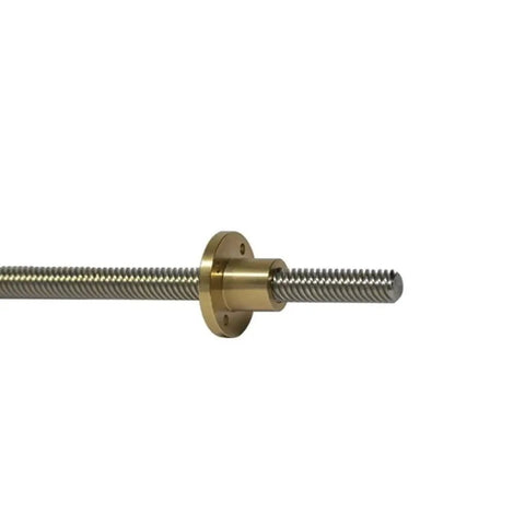 Heavy Duty T10 Acme Lead Screw Built Tough From Real 304 Stainless Steel With A Snappy 2mm Pitch And Smooth 8mm Lead That Runs Like Butter For Your CNC Router Or 3D Printer Rig Plus Includes A Nylon Nut, detailed view with brass mount.