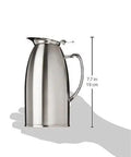 Top Shelf Double Wall Insulated Twenty Ounce Stainless Steel Coffee Server with lever handle shown in hand for scale.