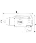 Detailed diagram of Butterfly Style Pneumatic Impact Wrench With Three Eighth Inch Drive And One Hundred Foot Pound Torque dimensions.