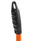 Close-up of the heavy duty steel measuring wheel rig handle, featuring textured grip for easy use, built for dirt and gravel.