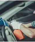 Mechanic uses Blue 12x14 Inch Shop Towels Set Of 50 Reusable 100 Percent Cotton Cleaning Cloths For Auto Shop Mechanic Garage Kitchen Industry Home Highly Absorbent Lint Free Bulk Rags on car dashboard.